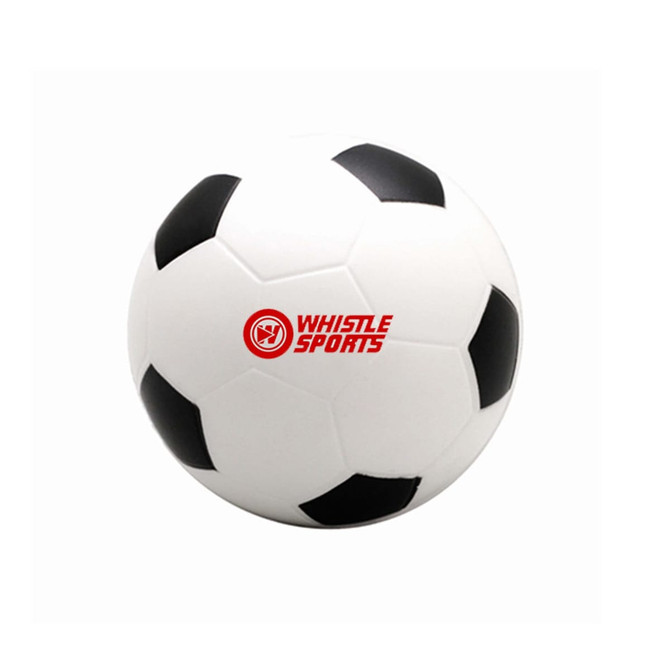 A small white stress soccer ball with black patches and a logo. Ideal for stress relief and fun activities.