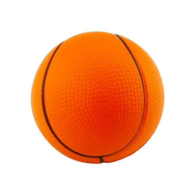 An orange stress ball shaped like a basketball, featuring textured surface and black lines. It has a logo visible.
