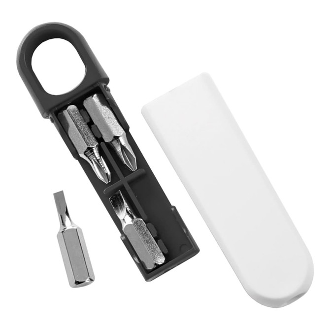 A Mini Screwdriver Kit in a compact case, featuring silver screwdriver bits and a black and white design.
