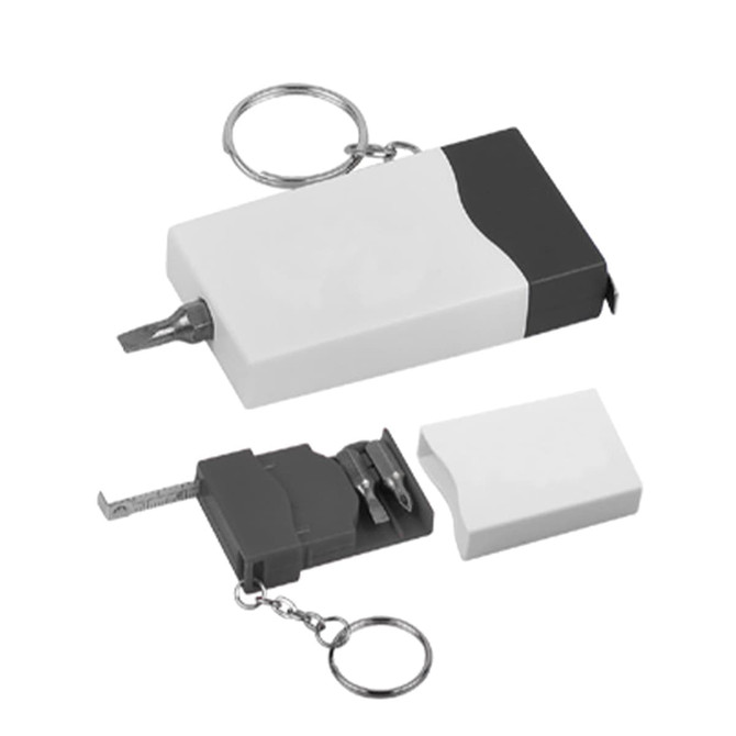 A Mini Screwdriver Tape Key Ring in grey and white, featuring a keyring attachment and retractable tape measure.
