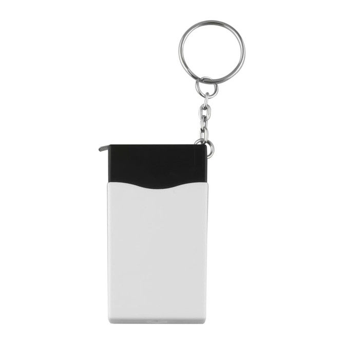 A mini screwdriver tape key ring in white and black, featuring a silver keyring attachment.
