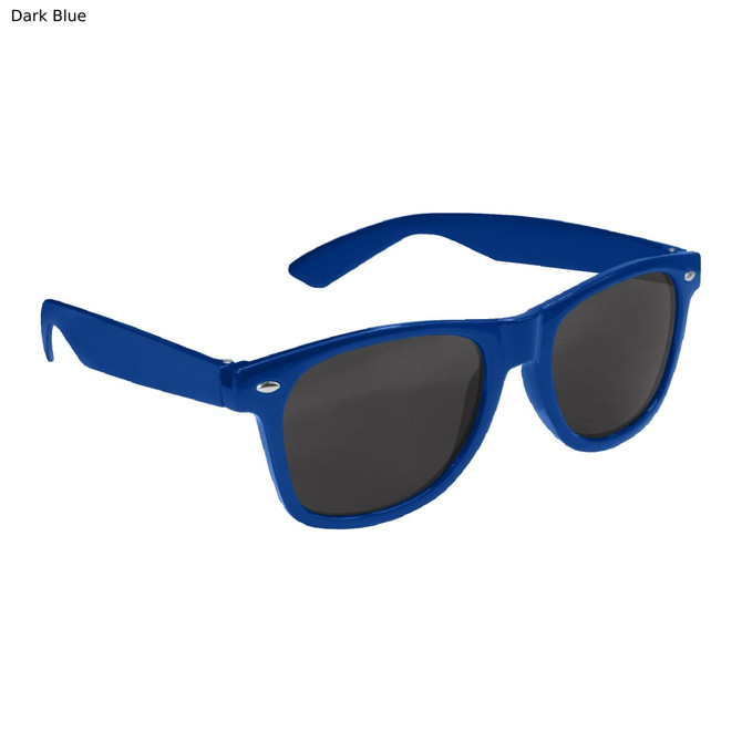 Dark blue sunglasses with a classic design and dark lenses, featuring a logo on the side.