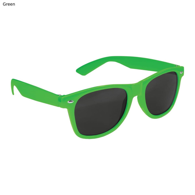Green sunglasses with dark lenses and a sleek design. Features a logo on the side.