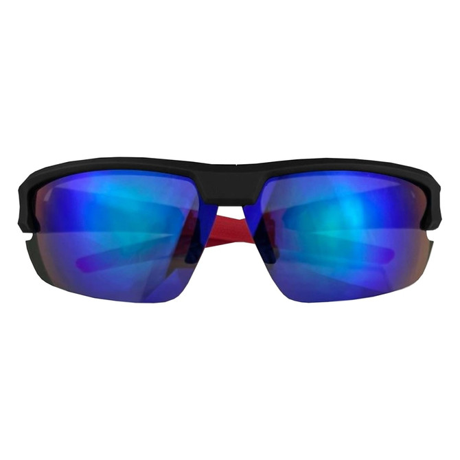 A pair of black sunglasses with reflective blue lenses and a red accent on the temple. Features a logo on the frame.