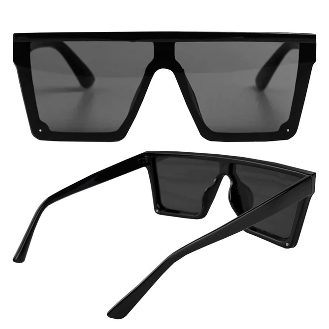 A pair of black Malibu sunglasses with a modern geometric design and dark lenses, featuring a logo on the side.