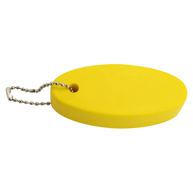 A yellow oval floating key ring attached to a silver chain. It features a simple design with a hole for attachment.