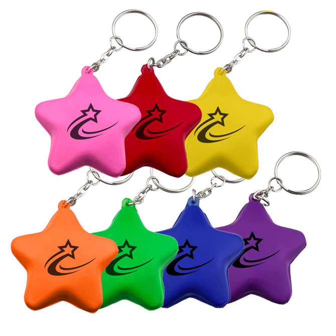 A set of star-shaped stress key rings in pink, red, yellow, green, orange, purple, and blue, featuring a logo.