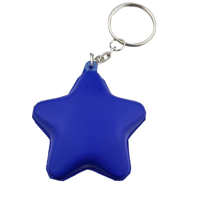 A blue star-shaped keyring with a metal chain and keyring attachment.