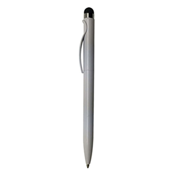 A sleek, silver plastic stylus pen with a black tip and a clip. Includes a branding logo.