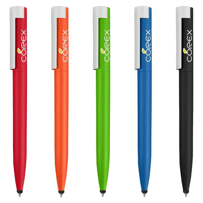 A collection of five stylus pens in red, orange, green, blue, and black, each featuring a branding logo.