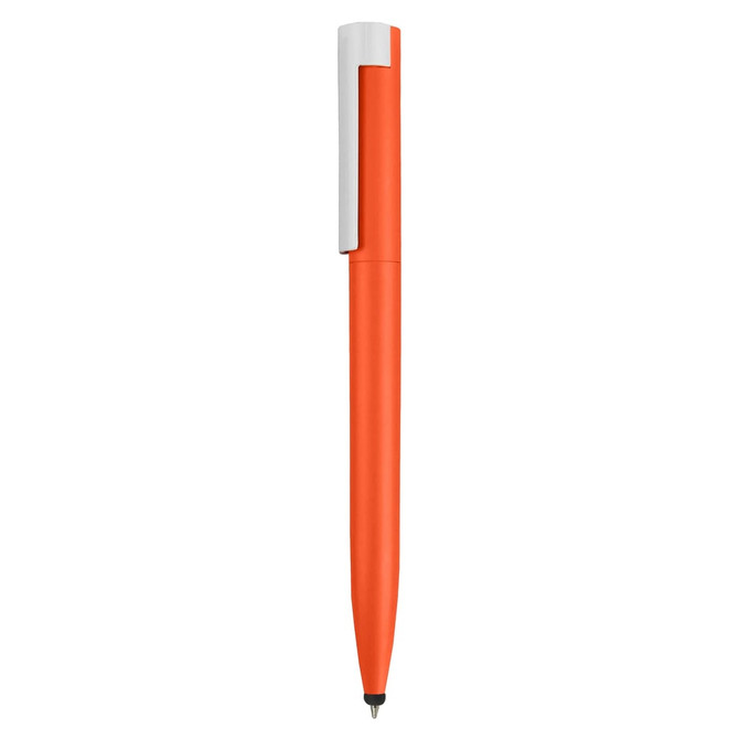 An orange stylus pen with a white clip, featuring a sleek design and circular tip.