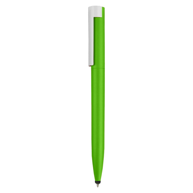 A green stylus pen with a white clip and a sleek design. It features a logo on the body.