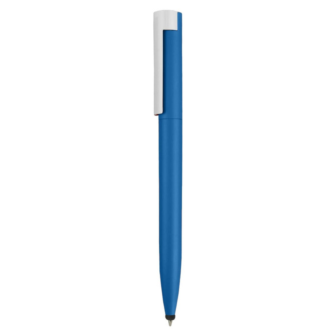 A blue stylus pen with a white clip and a smooth design, featuring a logo on the body.