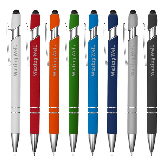 A collection of stylus pens in various colours, including red, orange, blue, grey, and white, with a logo on each.