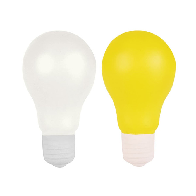 A stress light bulb featuring a white bulb and a yellow bulb, both with a white base. Includes branding.