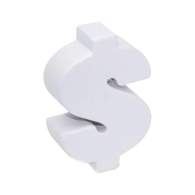 A white stress relief dollar sign shape with a smooth surface and a rounded design. It features a logo.
