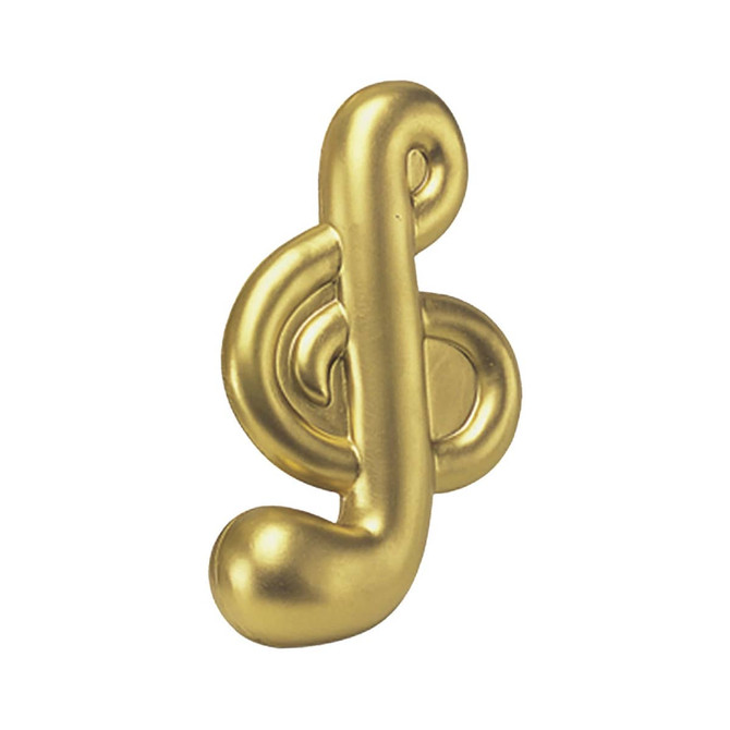 A golden stress relief shape designed like a musical note, featuring a shiny, smooth finish.