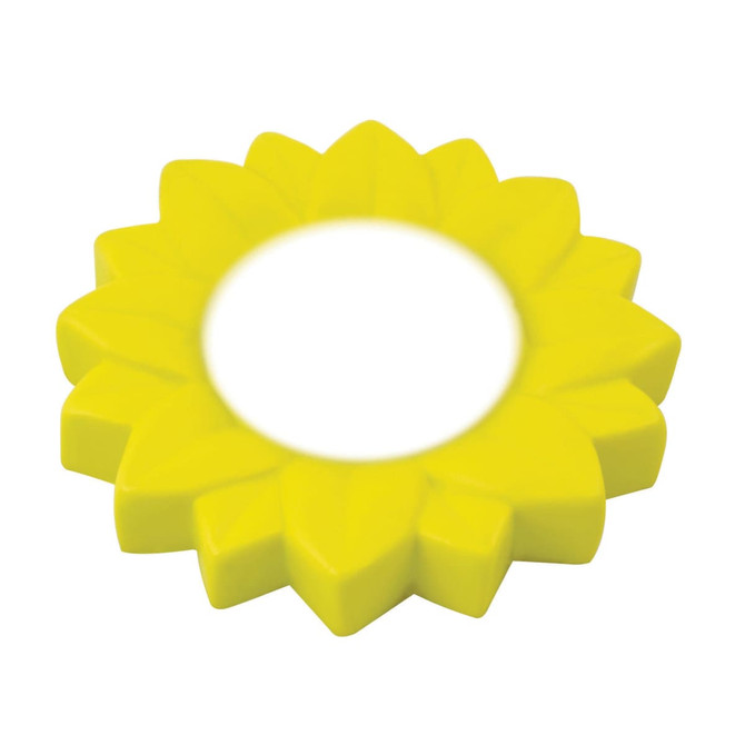 A vibrant yellow stress flower shaped toy with a central circular opening, resembling a sunflower.