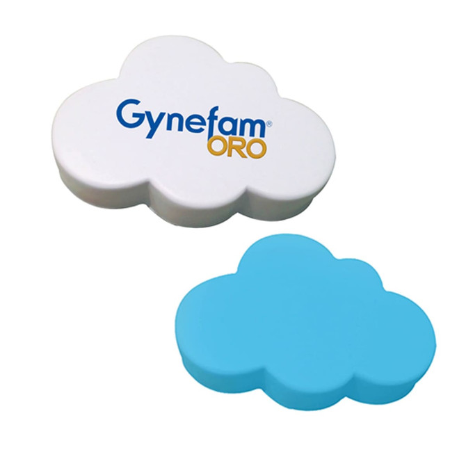 A white and blue stress cloud shape with a logo on the white side. Both are soft and squishy.
