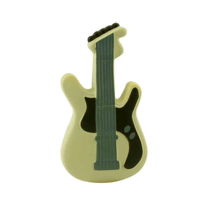 A stress toy shaped like a guitar, featuring a cream body and dark green details. It has a logo on the surface.