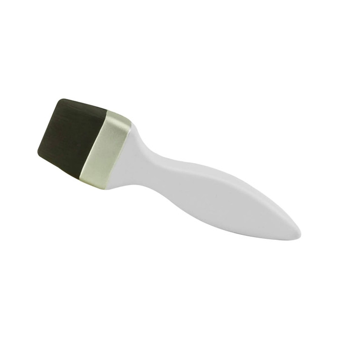 A stress brush featuring a white handle and a black bristle head; includes a metallic silver detail.