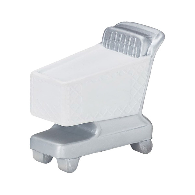 A small, grey and white stress trolley toy designed to resemble a shopping cart.