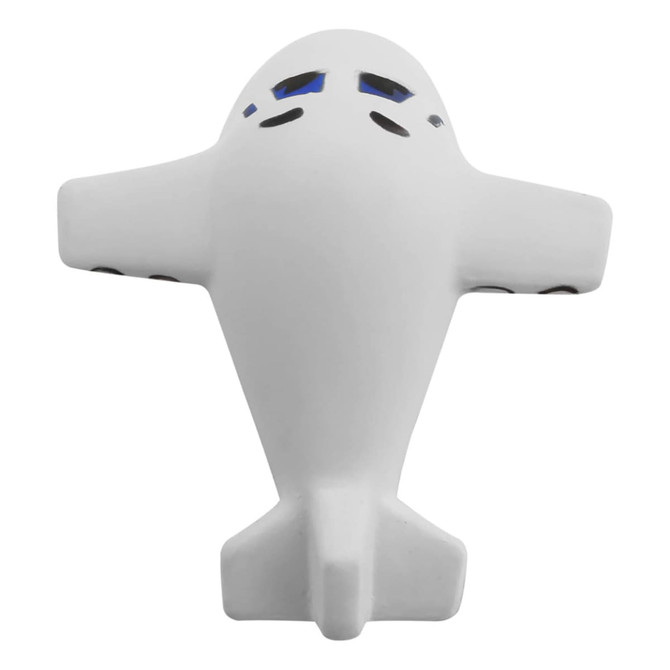 A white stress toy in the shape of an aeroplane with blue accents and black details. It features a simple design and a logo.