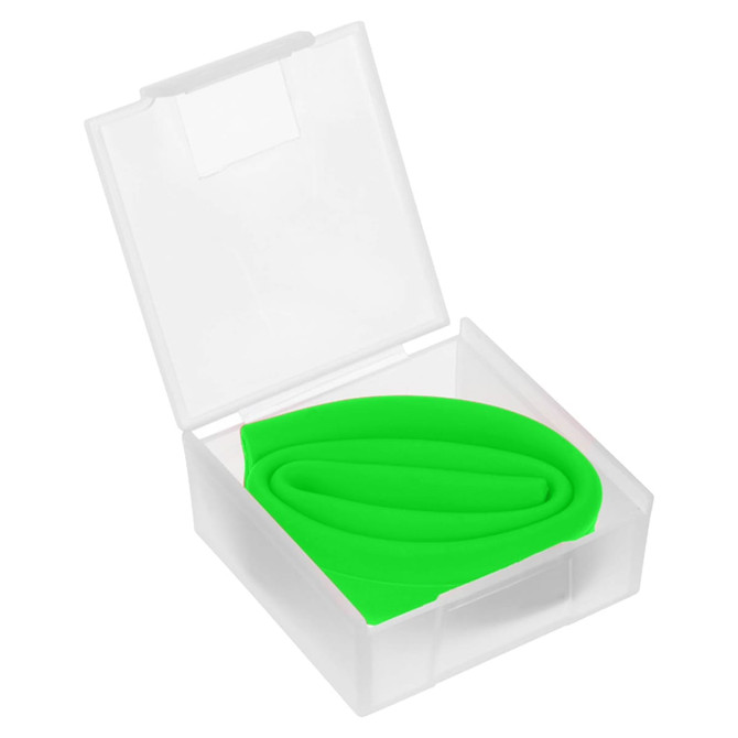 A green silicone drinking straw nestled in a clear, square storage case.