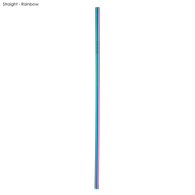 A rainbow stainless steel straw measuring 6mm x 215mm, featuring a shiny metallic finish and a logo.