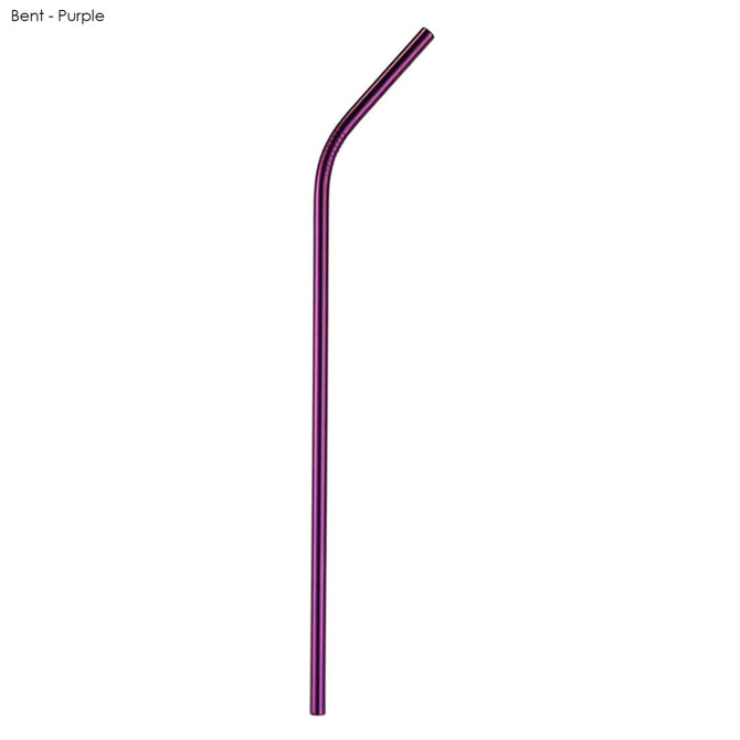 A bent stainless steel straw in purple, measuring 6mm x 266mm, with a shiny finish and a logo.