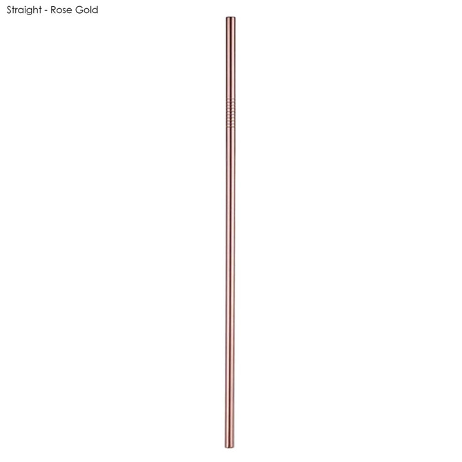 A rose gold stainless steel straw, straight design, measuring 6mm x 266mm, with a logo visible.