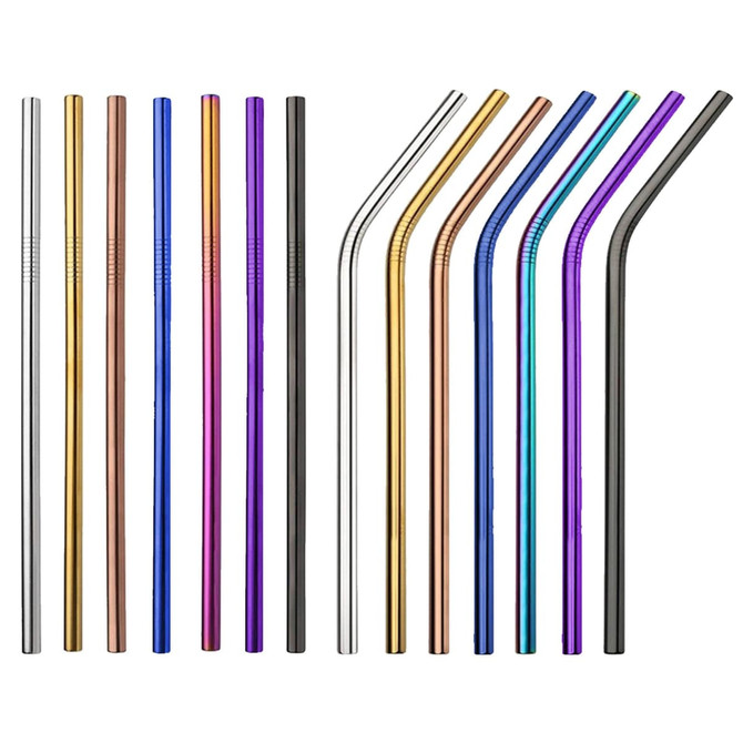 A collection of colourful stainless steel straws, featuring straight and bent designs in various metallic hues.