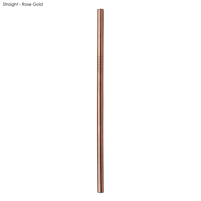 A stainless steel drinking straw in rose gold, straight design, featuring a branding logo.