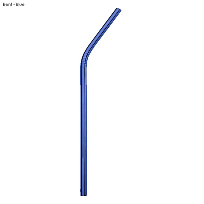 A blue stainless steel straw, bent design, measuring 8mm x 215mm, featuring a simple logo.