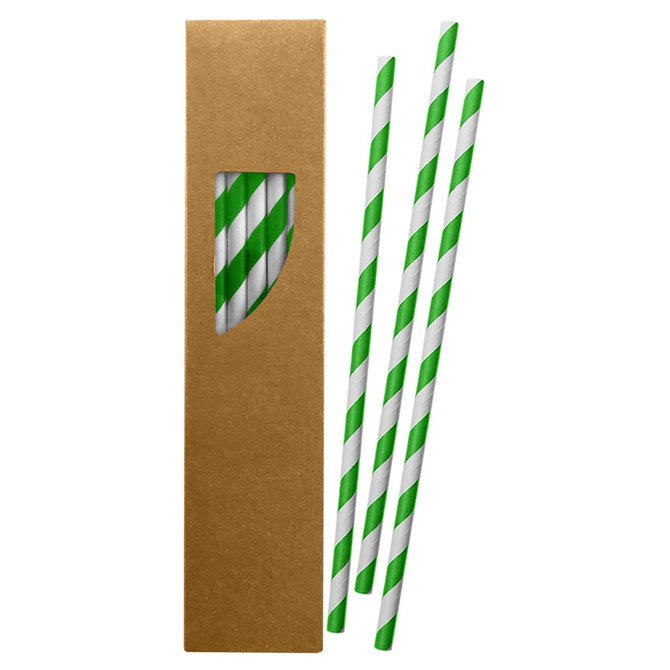 A box containing three green and white striped paper straws, partially visible through a window.
