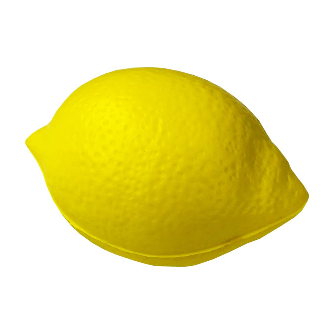 A bright yellow stress lemon, designed to relieve stress, featuring a textured surface and a rounded shape.