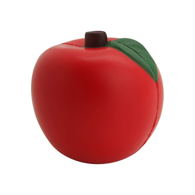 A red stress ball shaped like an apple with a green leaf and brown stem. It has a smooth texture.