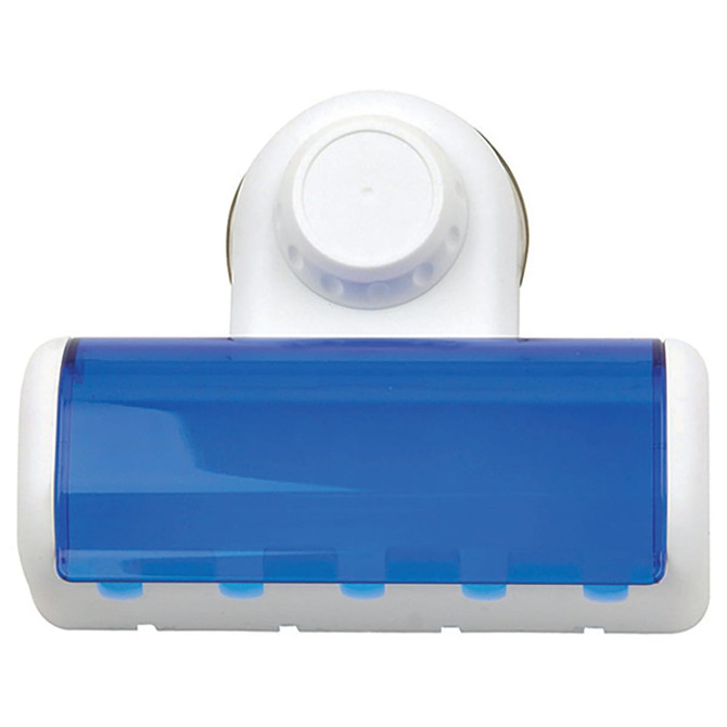 A toothbrush holder in white and blue, featuring a suction mechanism for easy attachment.