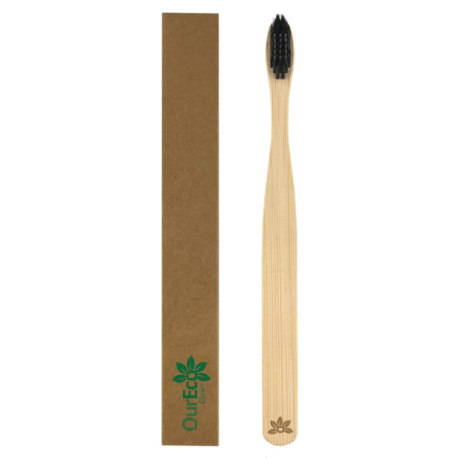 A bamboo toothbrush with a wooden handle and black bristles, packaged in a brown cardboard box with a logo.