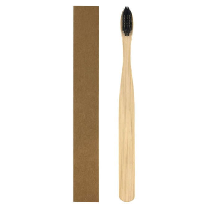 A bamboo toothbrush with a long handle and black bristles, beside a simple brown packaging box.