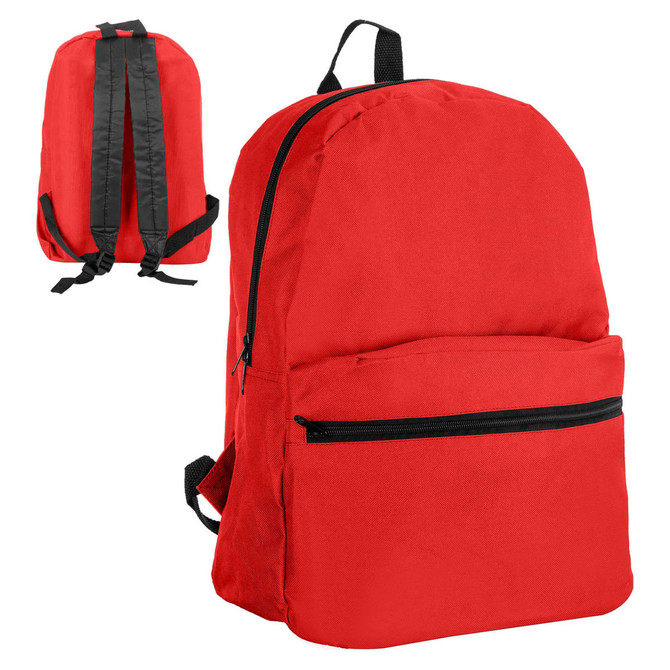 A red backpack with black accents and a front pocket, featuring adjustable shoulder straps and a logo.