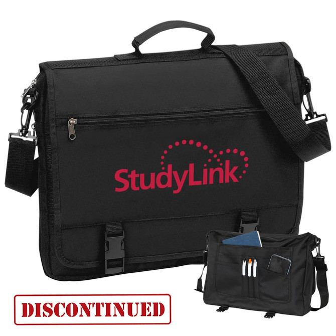 A black briefcase with a shoulder strap, featuring an exterior pocket and an interior compartment. It has a logo.