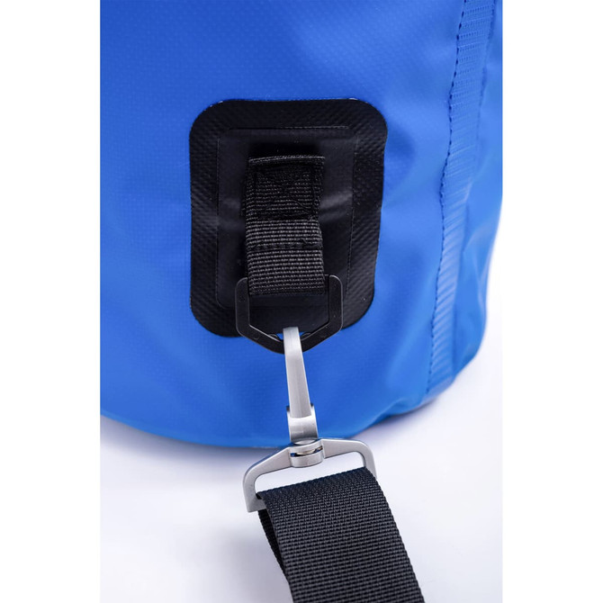 A blue Deluxe Dry Sack featuring a black strap and metal clip for secure fastening. It has a logo on the surface.