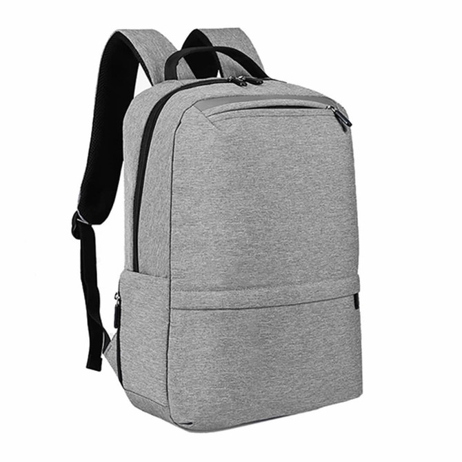 A grey laptop backpack with adjustable straps and multiple compartments, featuring a logo on the front.