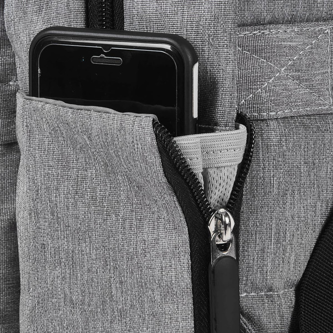 A grey Techpac Laptop Backpack featuring a zippered pocket with a smartphone partially visible inside.