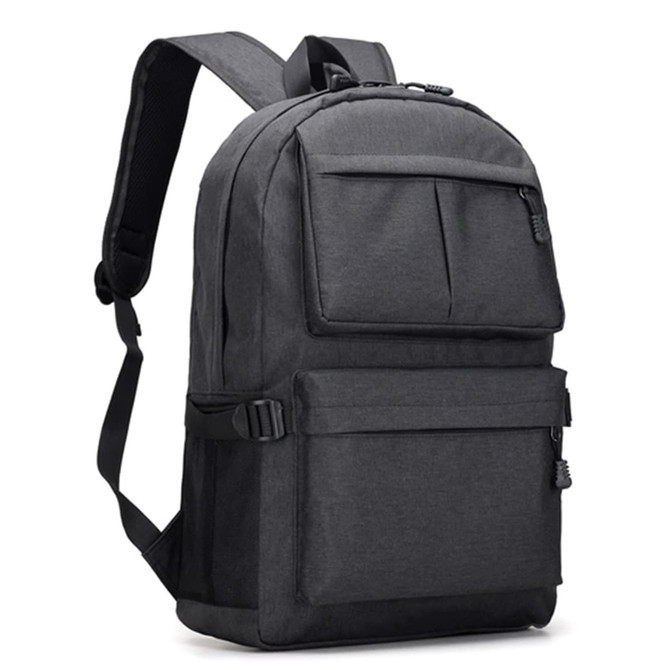 A dark grey laptop backpack with multiple compartments and adjustable straps, featuring a logo on the front.