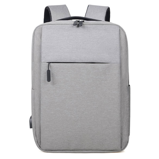 A grey backpack with two shoulder straps and a front pocket, featuring a minimalist design and logo.