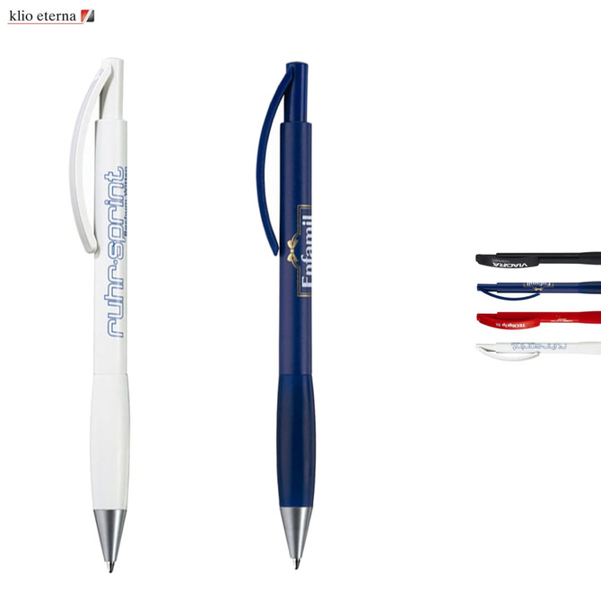 A collection of metal pens in white and navy, featuring clips and branding, displayed alongside other colour options.