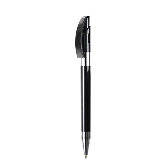 A metal pen with a sleek black finish and chrome accents, featuring a logo on its body.