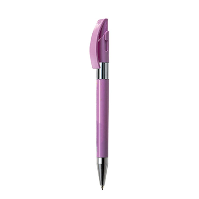 A purple metal pen with a shiny chrome accent and a clip, featuring a branding logo.